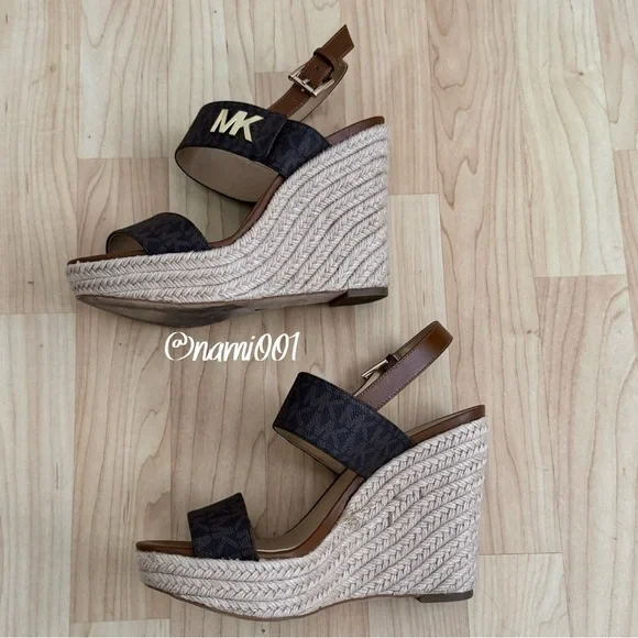 MICHAEL Michael Kors Brown Monogram Deanna Wedges Sandals with Logo Straps - Picture 6 of 9